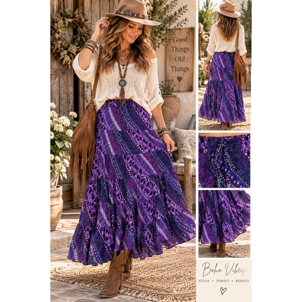 Ann N Eve Purple Patchwork Tiered Maxi Skirt Sequin Boho Western Made in USA L